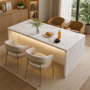 May include: A rectangular kitchen island with a white marble-patterned countertop and a fluted base featuring integrated warm LED lighting. The island is accompanied by two cream-colored upholstered chairs with gold metal frames and two tan chairs.