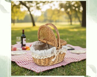 Handmade Rattan Picnic Basket with Lid Rustic Wicker Storage Box Natural Boho Picnic Decor Eco Home Accessory Unique Housewarming Gift
