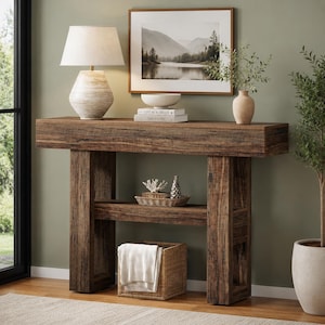 May include: A rustic dark brown wooden console table with a thick rectangular top and two sturdy vertical legs. It features a lower shelf holding a woven basket with a white cloth, a decorative tray with small items, and a top surface with a lamp.