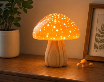 Mushroom Lamp, Ceramic Bedside Table Lamp, Retro Orange Night Light for Bedroom Nightstand, Small Vintage Desk Lamp with LED Bulb