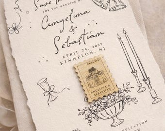 Imán de madera grabado para anunciar la fecha de la boda, anuncio de boda en papel con borde irregular, invitación rústica y elegante.