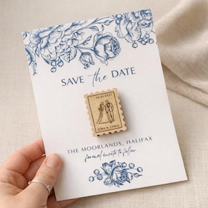 Blue Floral Save the Date Cards with Wooden Stamp Magnet | Botanical Wedding Stationery