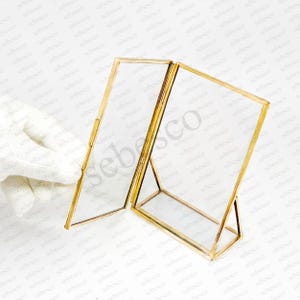 Tilted Glass Photo Frame for Pressed Flowers | Standing Glass Frame with Gold Brass Borders, Photo Picture Frame for Tabletop, Desk, Shelf