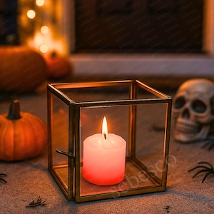 Halloween Glass Candle Holder | Spooky Tealight Lantern Cube with Gold Brass Frame | Votive for Halloween Decor, Haunted Decor, Witch Party