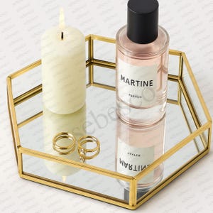 Hexagonal Glass Tray Gold Brass Border Vanity Organizer Decorative Table Tray Coffee Table Centerpiece Serving Tray Entryway Décor Gift