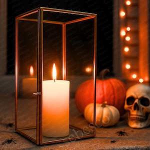 Halloween Lantern | Glass Lantern Gold Brass Edges Candle Holder | Pillar Candle Holder for Halloween Decor, Pumpkin & Witch Table Decor
