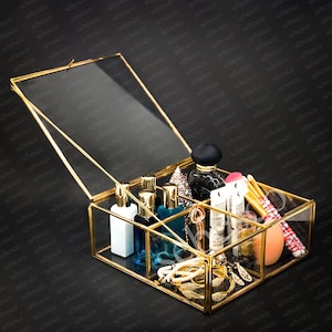 Glass Makeup Organizer Box with 4 Compartments and Lid, Luxury Vanity Storage Box with Brass Border, Cosmetic Box, Bridal Jewelry Box Holder