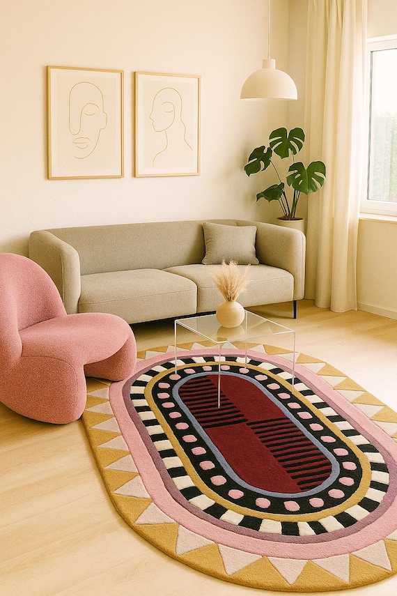 Hand-Tufted Wool Rug: Oval Geometric Boho Carpet - Mustard, Mauve & Black