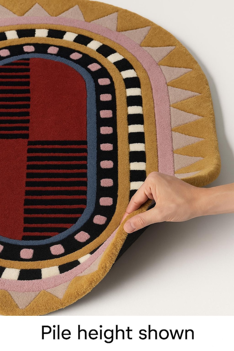K&ouml;nnte beinhalten: Ein farbenfroher, ovaler Teppich mit geometrischem Design. Der Teppich hat ein rot-schwarzes Muster in der Mitte, umgeben von konzentrischen B&auml;ndern in Schwarz, Wei&szlig;, Rosa und Gold. Der Text "Pile height shown" ist unten zu sehen.