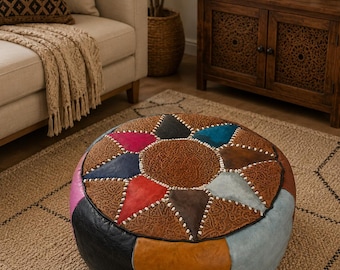 Pouf ottomano in pelle marocchina multicolore fatto a mano / Cuscino da pavimento boho / Poggiapiedi rotondo ottomano / Decorazione per soggiorno / Pelle naturale