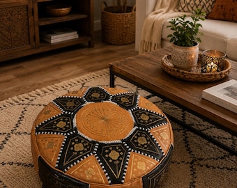 Pouf ottomano in pelle marocchina nera e beige, fatto a mano / Cuscino da pavimento boho / Poggiapiedi rotondo ottomano / Decorazione per soggiorno / Pelle naturale