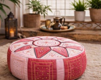 Coral Red Moroccan Leather Pouf Ottoman Handmade | Boho Floor Cushion Seat | Round Footstool Ottoman | Living Room Decor | Natu