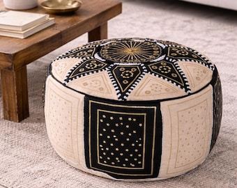 Black Moroccan Leather Pouf Ottoman Handmade | Boho Floor Cushion Seat | Round Footstool Ottoman | Living Room Decor | Natural Leather Pouf