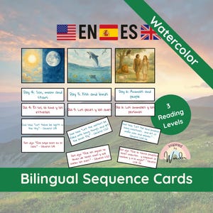Bilingual Creation Montessori Sequencing Cards: Differentiated Christian Literacy Activity in Spanish & English PDF - Watercolour