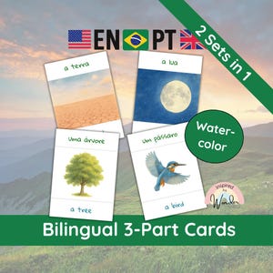 Bilingual Portuguese Creation 3-Part Card Bundle: Watercolor Montessori Christian Nomenclature Set - English Portuguese Printable