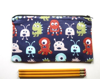 Cute Monsters on Navy Fabric Zipper Pouch / Pencil Case / Make Up Bag / Gadget Sack