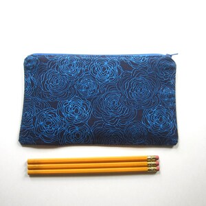 Blue Flowers on Black Fabric  Zipper Pouch / Pencil Case / Make Up Bag / Gadget Pouch