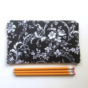Elegant Black and White Flower Fabric  Zipper Pouch / Pencil Case / Make Up Bag / Gadget Pouch