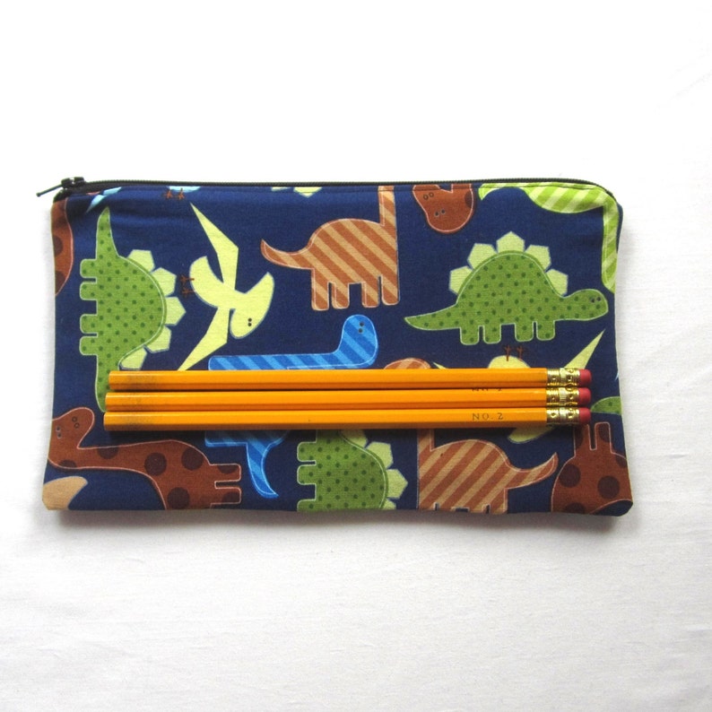 Cute Dinosaurs on Navy Zipper Pouch / Pencil Case / Make Up Bag / Gadget Sack image 2