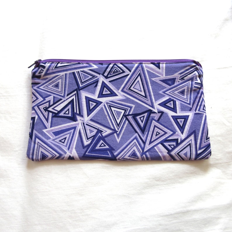 Purple Triangle Fabric Zipper Pouch Pencil Case Make Up Bag Gadget Pouch