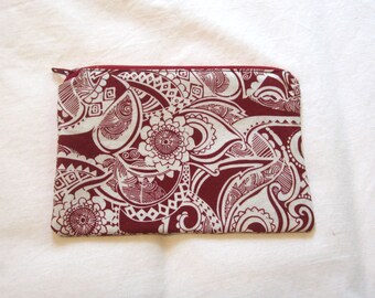 Wine and Ivory Fabric Coin Purse/Zipper Pouch/Gift Card Envelope Bag