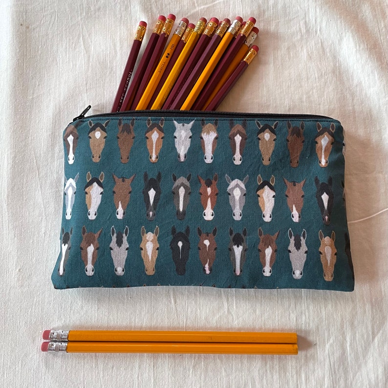 Horses on Green Fabric Zipper Pouch / Pencil Case / Make Up Bag / Gadget Pouch image 3