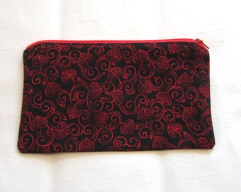 Red Heart-Shaped Leaves Fabric  Zipper Pouch / Pencil Case / Make Up Bag / Gadget Pouch