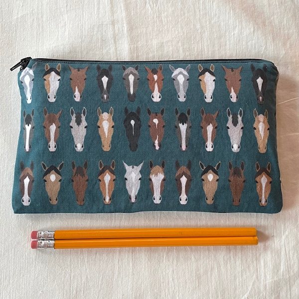 Horses on Green Fabric Zipper Pouch / Pencil Case / Make Up Bag / Gadget Pouch