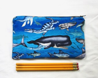 Prehistoric Sea Creatures Fabric Zipper Pouch / Pencil Case / Make Up Bag / Gadget Sack