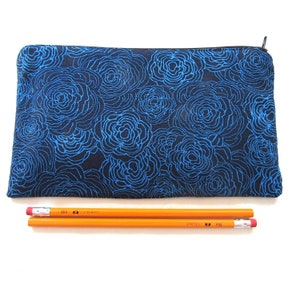 Blue Roses on Black Fabric  Zipper Pouch / Pencil Case / Make Up Bag / Gadget Pouch