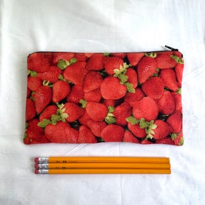 Strawberries Fabric Zipper Pouch / Pencil Case / Make Up Bag / Gadget Sack