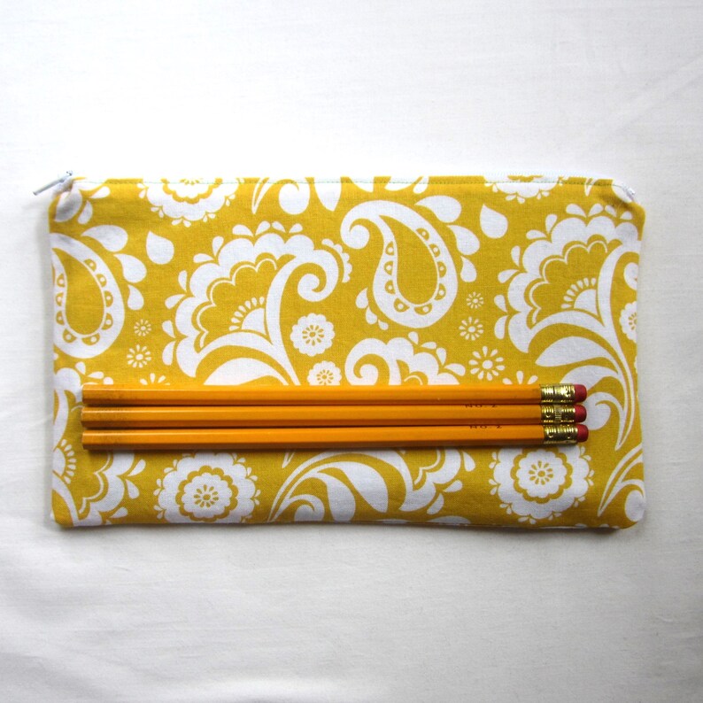 Sunny Yellow and White Fabric Zipper Pouch / Pencil Case / Make Up Bag / Gadget Pouch image 2