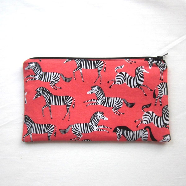 Zebras on Salmon Pink Fabric Zipper Pouch / Pencil Case / Make Up Bag