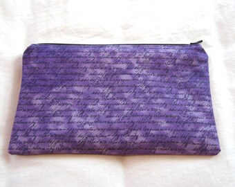 Purple Alphabet Zipper Pouch / Pencil Case / Make Up Bag / Gadget Sack