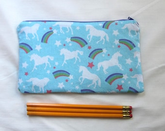 Rainbows and Unicorns Sparkle Fabric Zipper Pouch / Pencil Case / Make Up Bag / Gadget Sack