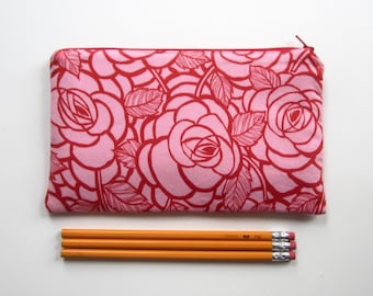 Red Roses on Pink Fabric  Zipper Pouch / Pencil Case / Make Up Bag / Gadget Pouch