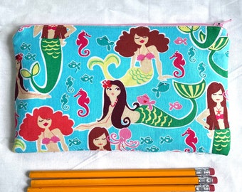 Mermaids Fabric  Zipper Pouch / Pencil Case / Make Up Bag / Gadget Pouch