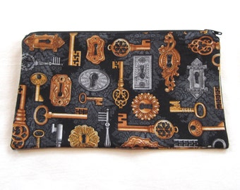 Locks and Keys Fabric Zipper Pouch / Pencil Case / Make Up Bag / Gadget Sack