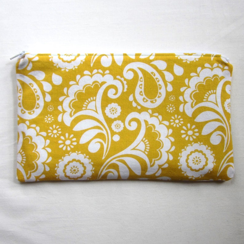 Sunny Yellow and White Fabric Zipper Pouch / Pencil Case / Make Up Bag / Gadget Pouch image 1