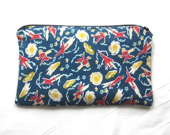 Retro Spacemen and Rockets Fabric Zipper Pouch / Pencil Case / Make Up Bag / Clutch
