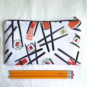 Chopsticks and Sushi Fabric Zipper Pouch / Pencil Case / Make Up Bag / Gadget Pouch