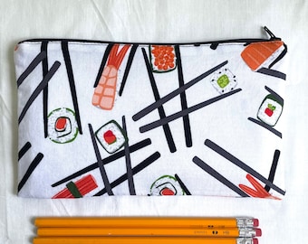Chopsticks and Sushi Fabric Zipper Pouch / Pencil Case / Make Up Bag / Gadget Pouch