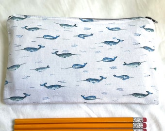 Narwhal Fabric Zipper Pouch / Pencil Case / Make Up Bag / Gadget Sack