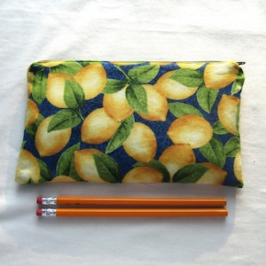 Lemons on Blue Fabric Zipper Pouch / Pencil Case / Make Up Bag