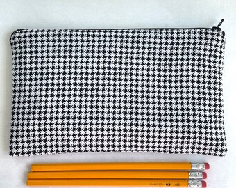 Black and White Houndstooth Fabric Zipper Pouch / Pencil Case / Make Up Bag / Gadget Pouch