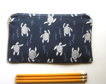 Sea Turtles on Navy Fabric Zipper Pouch / Pencil Case / Make Up Bag / Gadget Sack