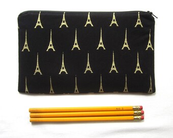 Schwarz und Gold Paris Stoff Reißverschluss Beutel / Bleistift Fall / Make-up Tasche
