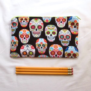 Flowery Skulls Day of the Dead Fabric Pencil Case / Make Up Bag / Clutch