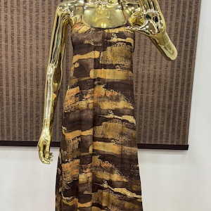 Boho Abstract Halter Maxi Dress – Earth Tone Ruffle Hem Long Backless Dress, Brown Summer Beach Dress, Flowy Bohemian Casual Vacation Outfit