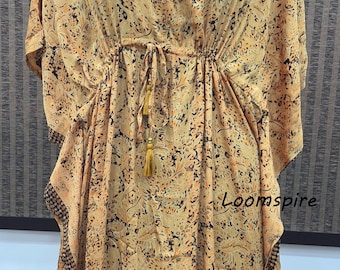 Vestido caftán de seda hecho a mano – Estampado floral – Ropa de playa